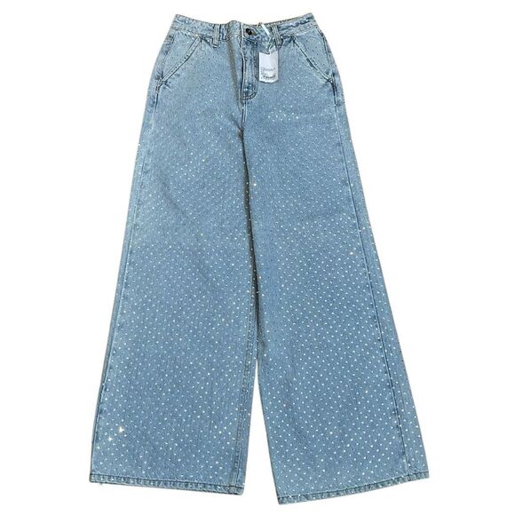 NWT Self-Portrait Blue Rhinestone Wide-Leg Jeans Size 27 - Picture 8 of 16